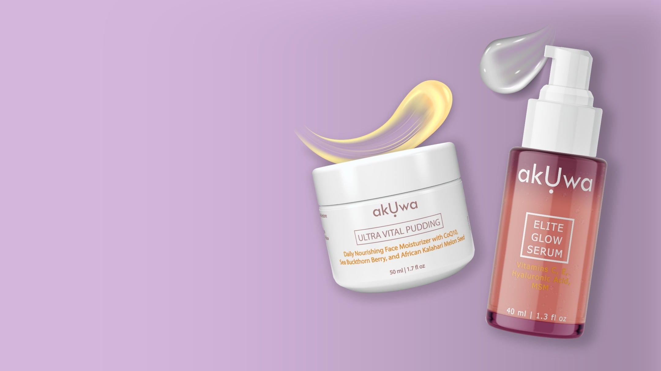Purple background with two skincare products from Akuwa Skincare brand. On the left is Ultra Vital Pudding face moisturizer in a white plastic container with a picture of yellow cream on top, and on the right is Elite Glow Serum in a light pink glass bottle with a picture of white serum on top.  