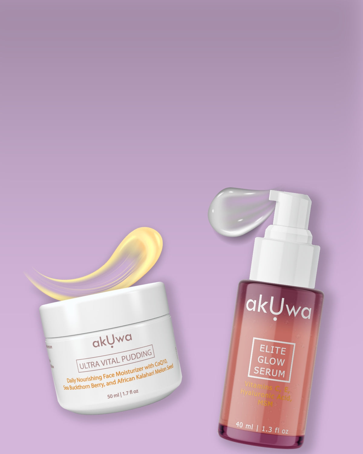 Purple background with two skincare products from Akuwa Skincare brand. On the left is Ultra Vital Pudding face moisturizer in a white plastic container with a picture of yellow cream on top, and on the right is Elite Glow Serum in a light pink glass bottle with a picture of white serum on top.  