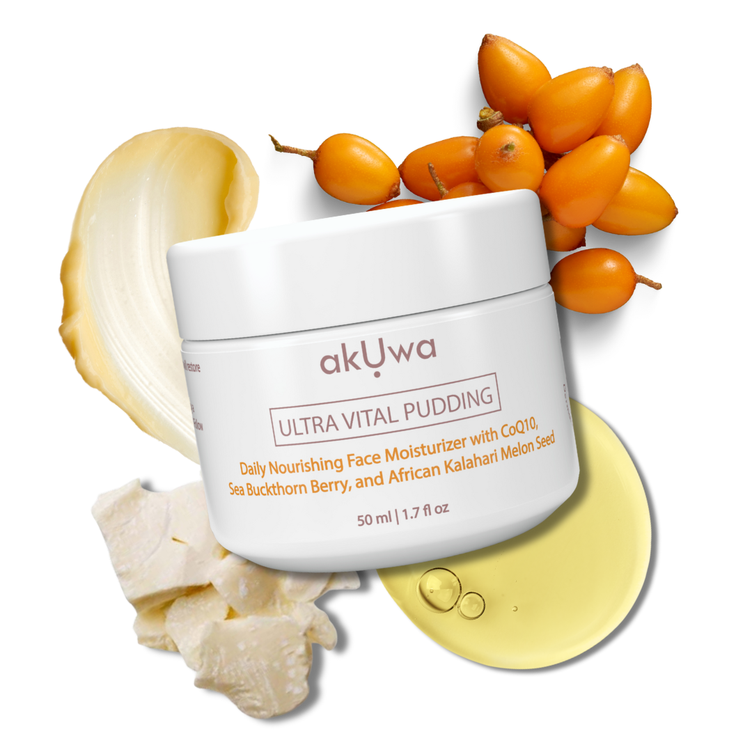 Close-up of Akuwa Ultra Vital Pudding face moisturizer in a white plastic container with a backward of a spread yellow cream with a white background, Sea Buckthorn Berry Extract orange seeds, Sal Butter light yellow cubes, and African Kalahari Melon Seed Oil in yellow. 